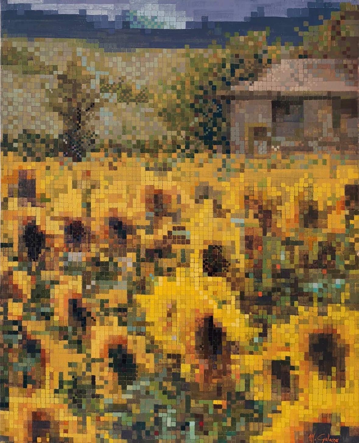 Campo di girasoli (1994) – prima formalizzazione della pixelart pittorica di Maurizio Galasso